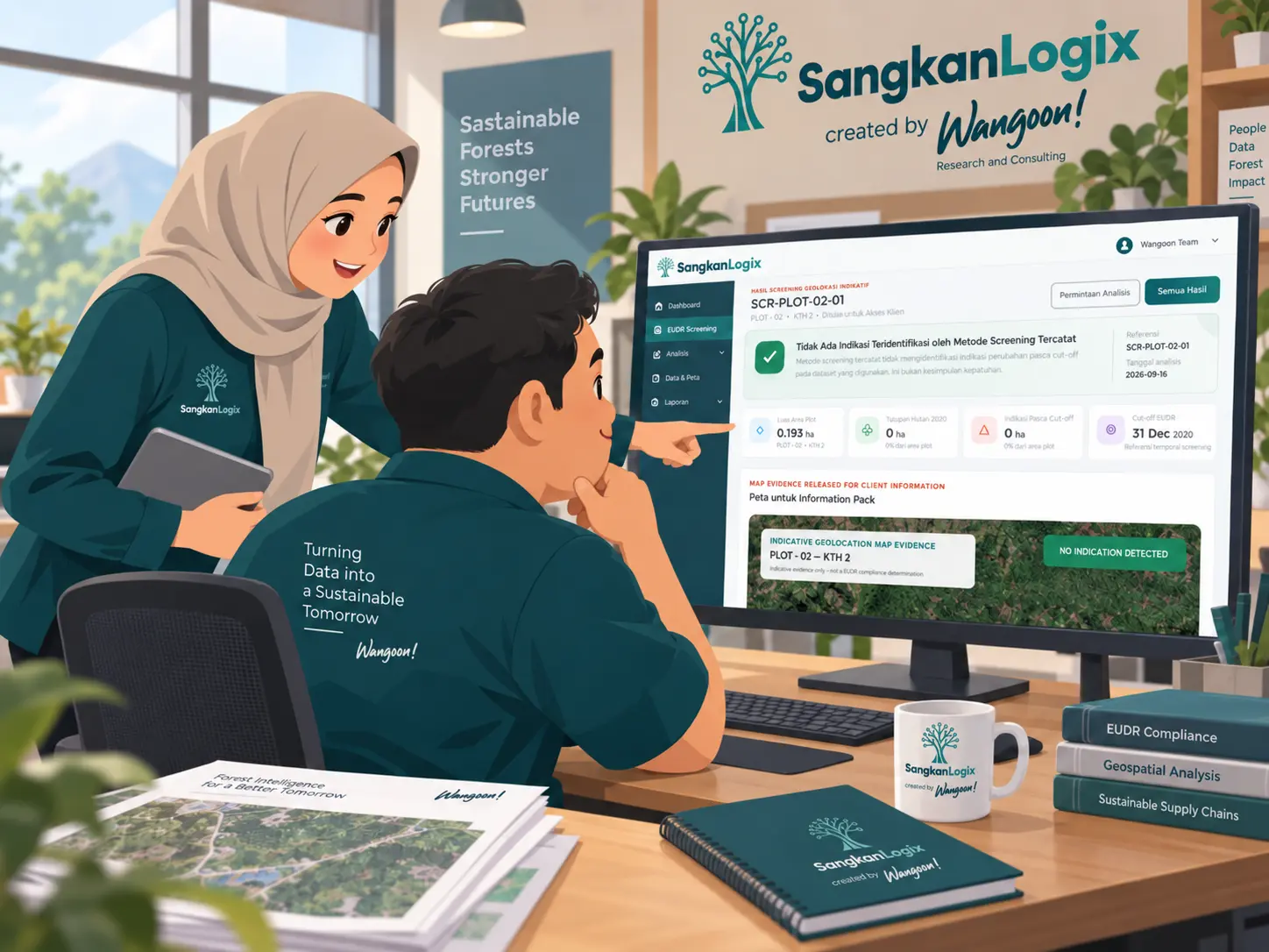 Tim Wangoon meninjau hasil analisis indikatif SangkanLogix pada layar