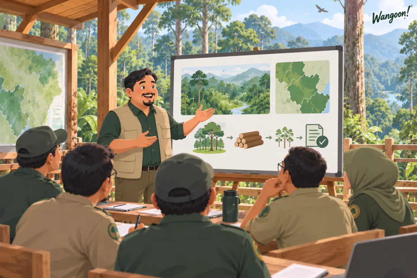 Diskusi lapangan mengenai pengelolaan sumber kayu pada kawasan hutan